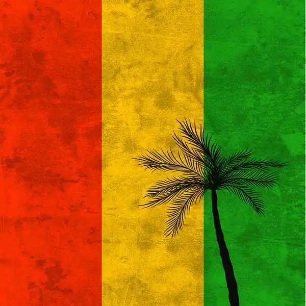 Vertical striped red gold and green background with palm tree silhouette