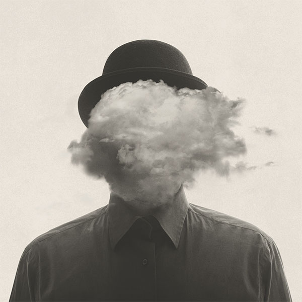 surrealism style photo of a person whose face is a cloud wearing a bowler hat