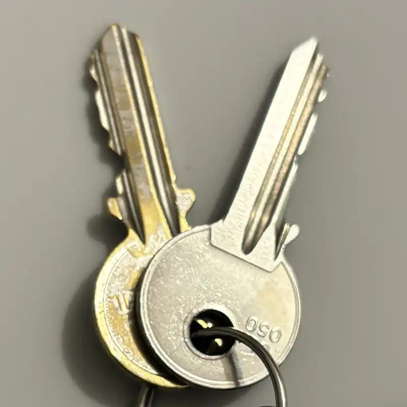 Set of 2 metal door keys on a keyring