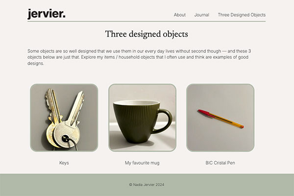 desktop view of three designed object website