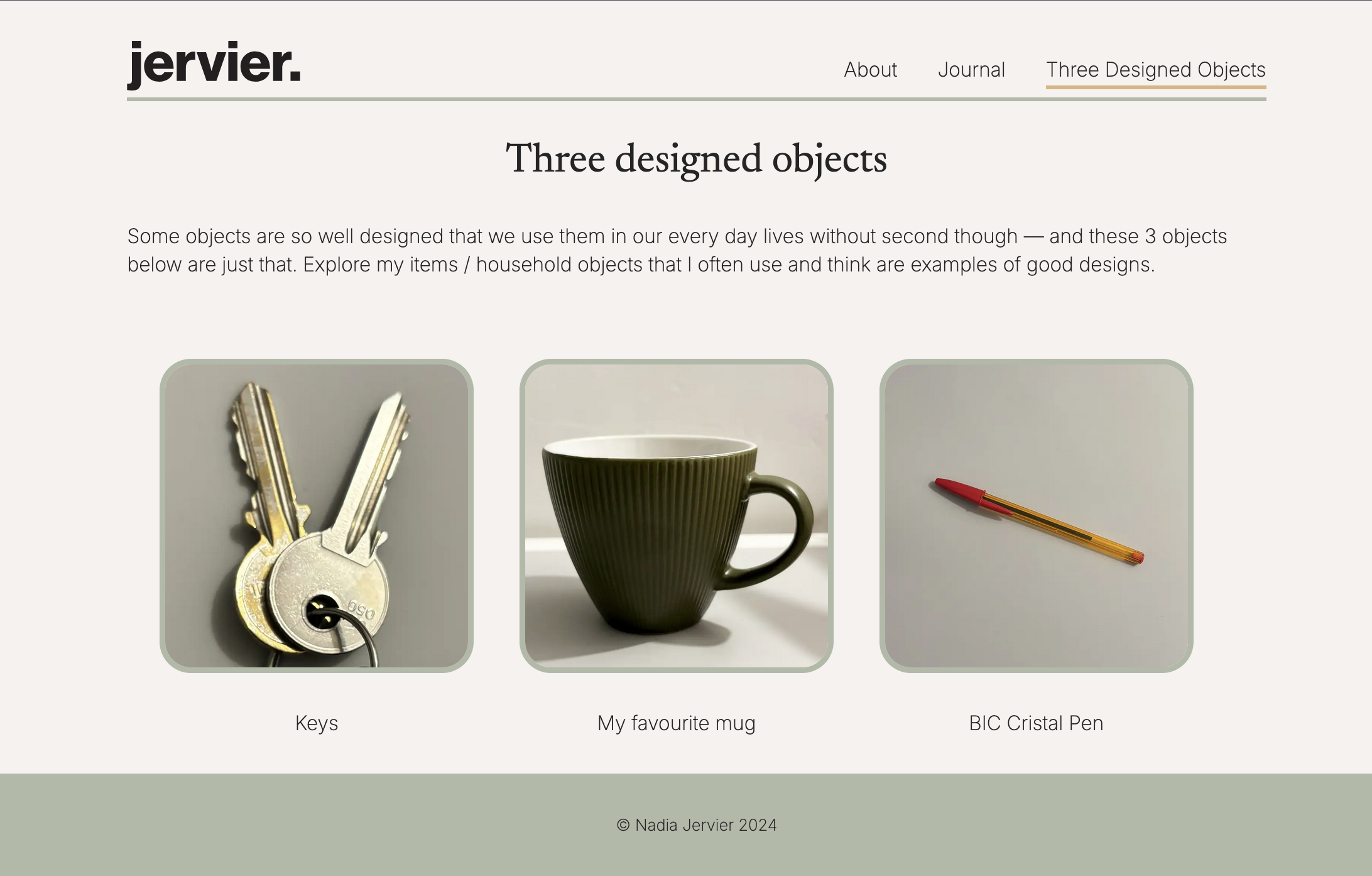 screenshot of three designed objects website showing underlined navigation menu on hover