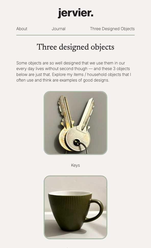 mobile view of three designed object website