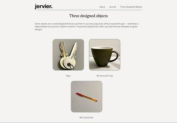 narrow desktop view of three designed object website